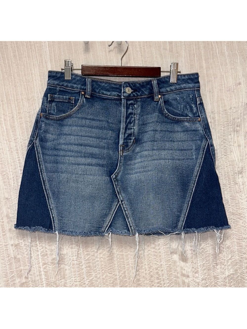 PACSUN 28 Distressed Raw Fringe Hem Two Tone Mini Denim Skirt